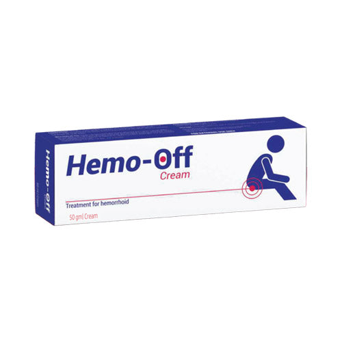 Tube of Hemo-Off Cream 50g with applicator, designed for relief from hemorrhoids, fissures, and anal discomforts.