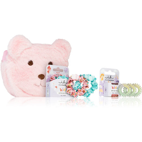 Invisibobble® Kids Pink Teddy Gift Set: Includes pink and blue SPRUNCHIE hair ties and a plush teddy bear pouch for children.