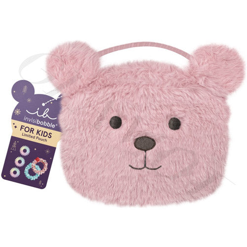 Invisibobble® Kids Hair Accessory Set: Pink Teddy edition with two SPRUNCHIE hair ties and a plush teddy bear pouch.