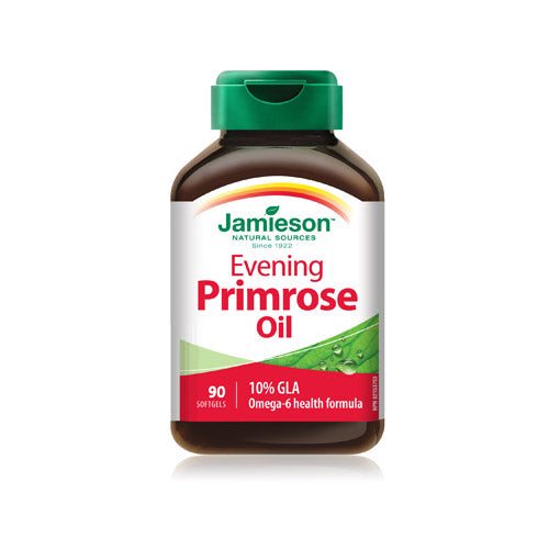 Jamieson Evening Primrose Oil 500 mg bottle with 90 softgels, supporting skin hydration and hormone balance with omega-6 GLA and Vitamin E.