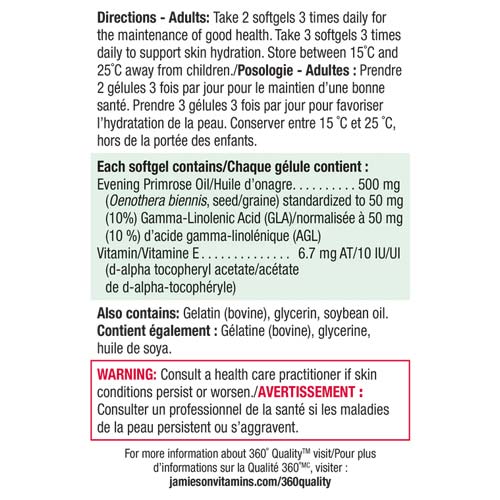 Close-up of Jamieson Evening Primrose Oil 500 mg label, highlighting omega-6 essential fatty acids, cold-pressed purity, and non-GMO certification.