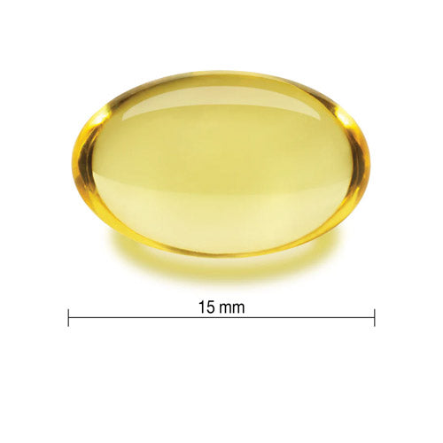 Softgel size comparison of Jamieson Evening Primrose Oil 500 mg, showcasing its easy-to-swallow, smooth, and gelatin-based capsule.