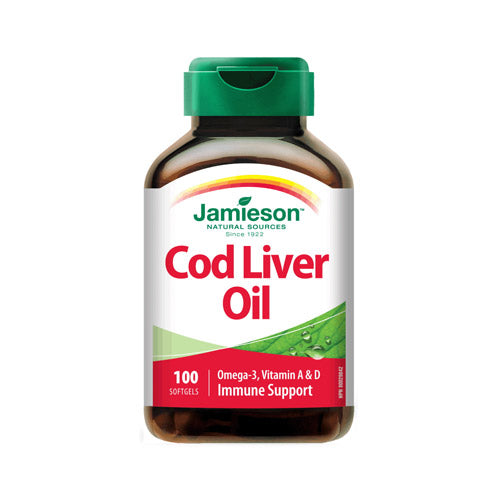 Bottle of Jamieson Cod Liver Oil with Vitamins A & D3, containing 100 softgel capsules, supporting eye, skin, bone, and immune health with omega-3s.