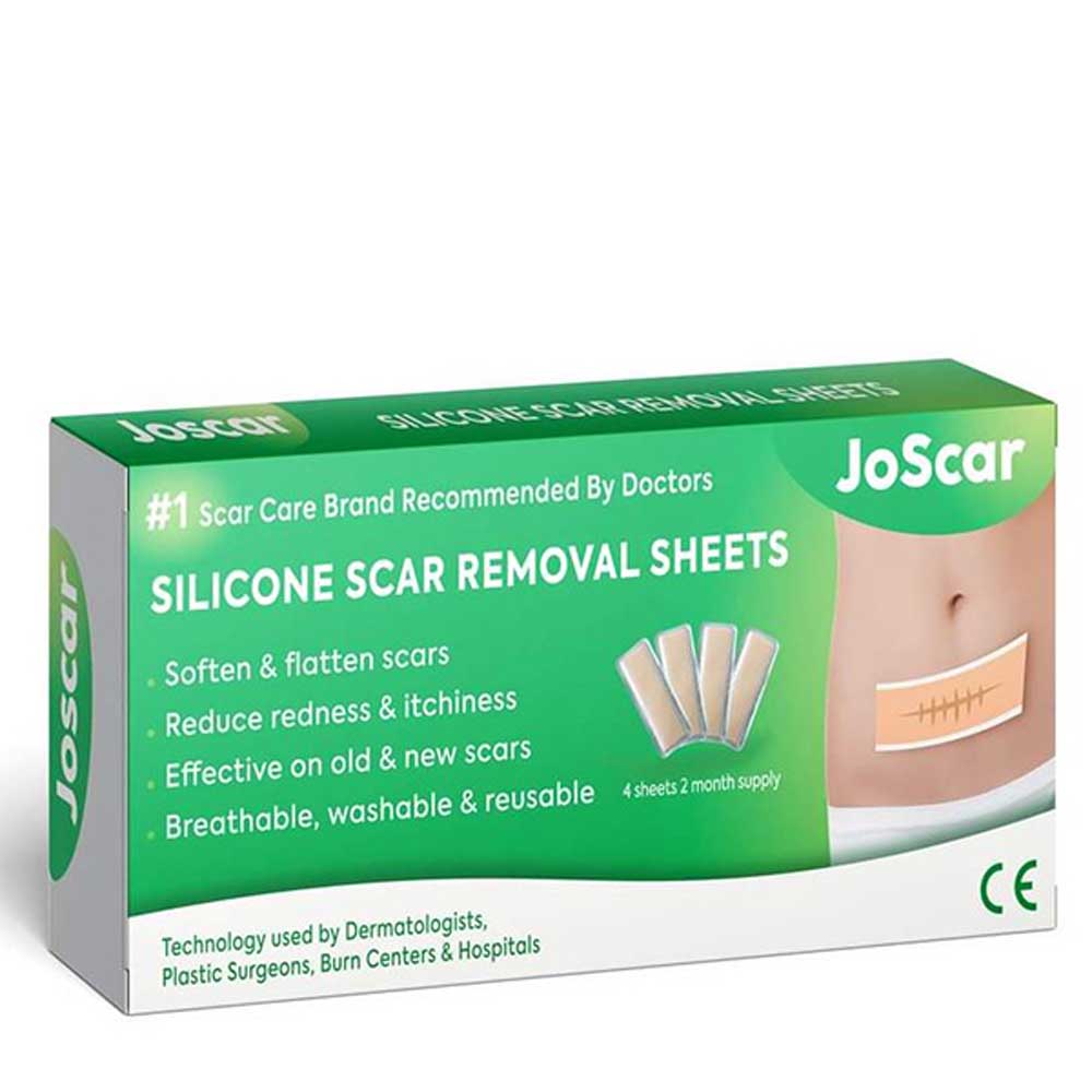 JoScar Silicone Scar Removal Sheets, 4 pieces, for reducing scars, smoothing skin, easing redness and itching, reusable and washable.