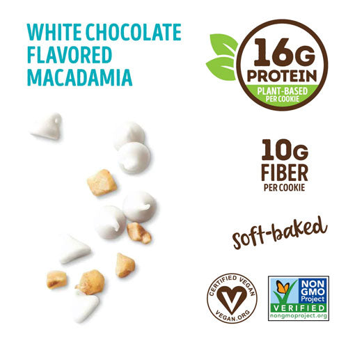 Lenny & Larry's White Chocolate Macadamia cookie with 16g protein, 10g fiber per serving.