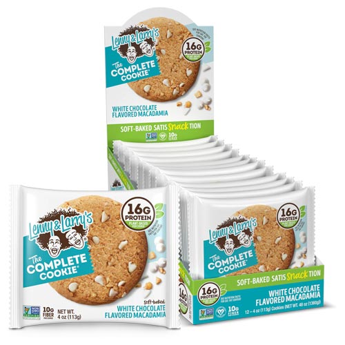 Lenny & Larry's White Chocolate Macadamia cookies, box of 12, 16g plant-based protein each.