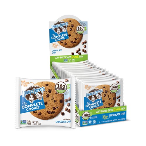 Box of 12 Lenny & Larry's Chocolate Chip Complete Cookies, Non-GMO, Certified Vegan, and Kosher-friendly.