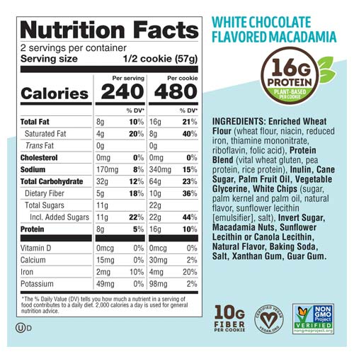 Nutritional facts for Lenny & Larry's White Chocolate Macadamia cookie, with plant-based protein.