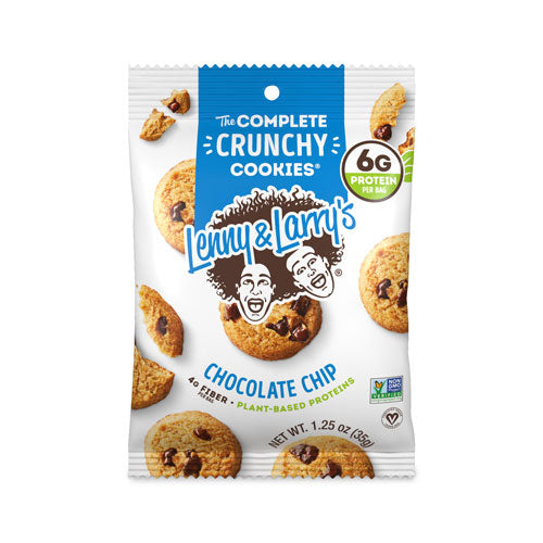 Box of Lenny & Larry's The Complete Crunchy Cookies Chocolate Chip, one bag, 1.25oz, 35 grams.