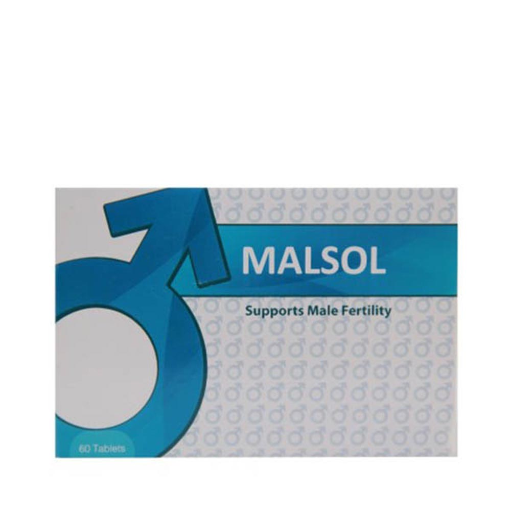 Malsol tablets for male fertility support, promoting sperm quality and motility with vitamins, herbs, and antioxidants.