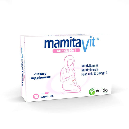 Pack of Mamitavit With Omega 3 dietary supplement containing 30 capsules for prenatal and postnatal health