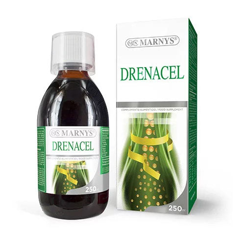 MARNYS Drenacel 250ml bottle with L-carnitine, green tea, and fruit juice blend for weight management and metabolism support.