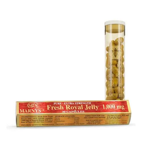 Close-up of MARNYS® Royal Jelly 1000 mg capsule with soy lecithin, dietary supplement for energy