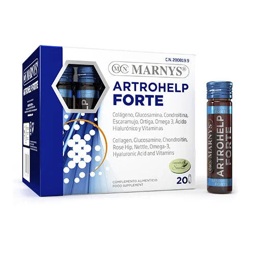 Artrohelp Forte drinkable vials, 20-pack, joint and bone health supplement with collagen, hyaluronic acid, vitamins, and minerals.