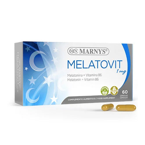 Melatovit by MARNYS, 60 vegan capsules with melatonin, vitamin B6, and magnesium for better sleep and jet lag relief.