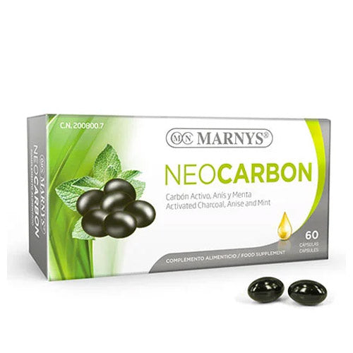 Marnys Neocarbon capsules, 60-count pack, featuring activated charcoal, anise, and peppermint for digestive support.