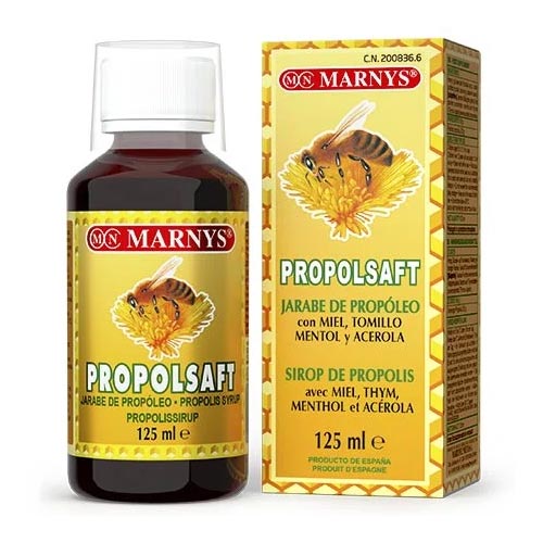 Propolsaft balsamic syrup in a 125ml bottle, containing propolis, honey, thyme, menthol, and acerola cherry.