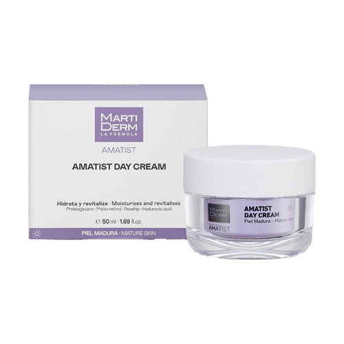 MartiDerm Amatist Day Cream 50ml jar held in hand—texture and size reference for mature skin moisturizer