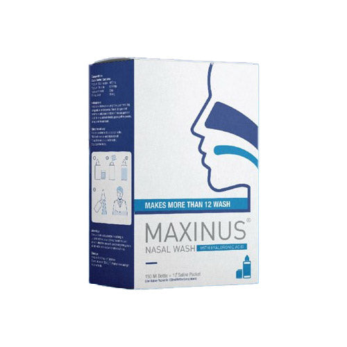 Maxinus HA Nasal Wash Refill, 150ml bottle with 12 saline sachets, helps relieve nasal congestion and soothe dryness.