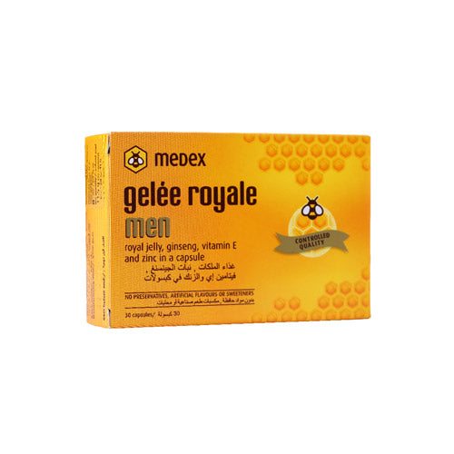 Medex Royal Gelly Men 30 Capsules - Natural supplement with royal jelly, zinc, vitamin E, and ginseng for energy, immunity, and male vitality.