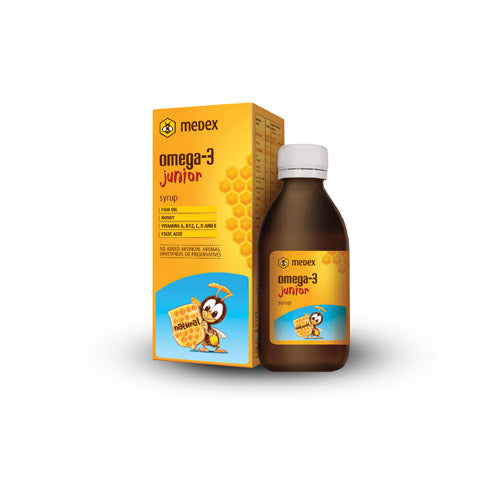 Medex Omega-3 Junior Syrup 140ml for kids, with DHA, EPA, honey, vitamins for brain development, immunity, and growth.