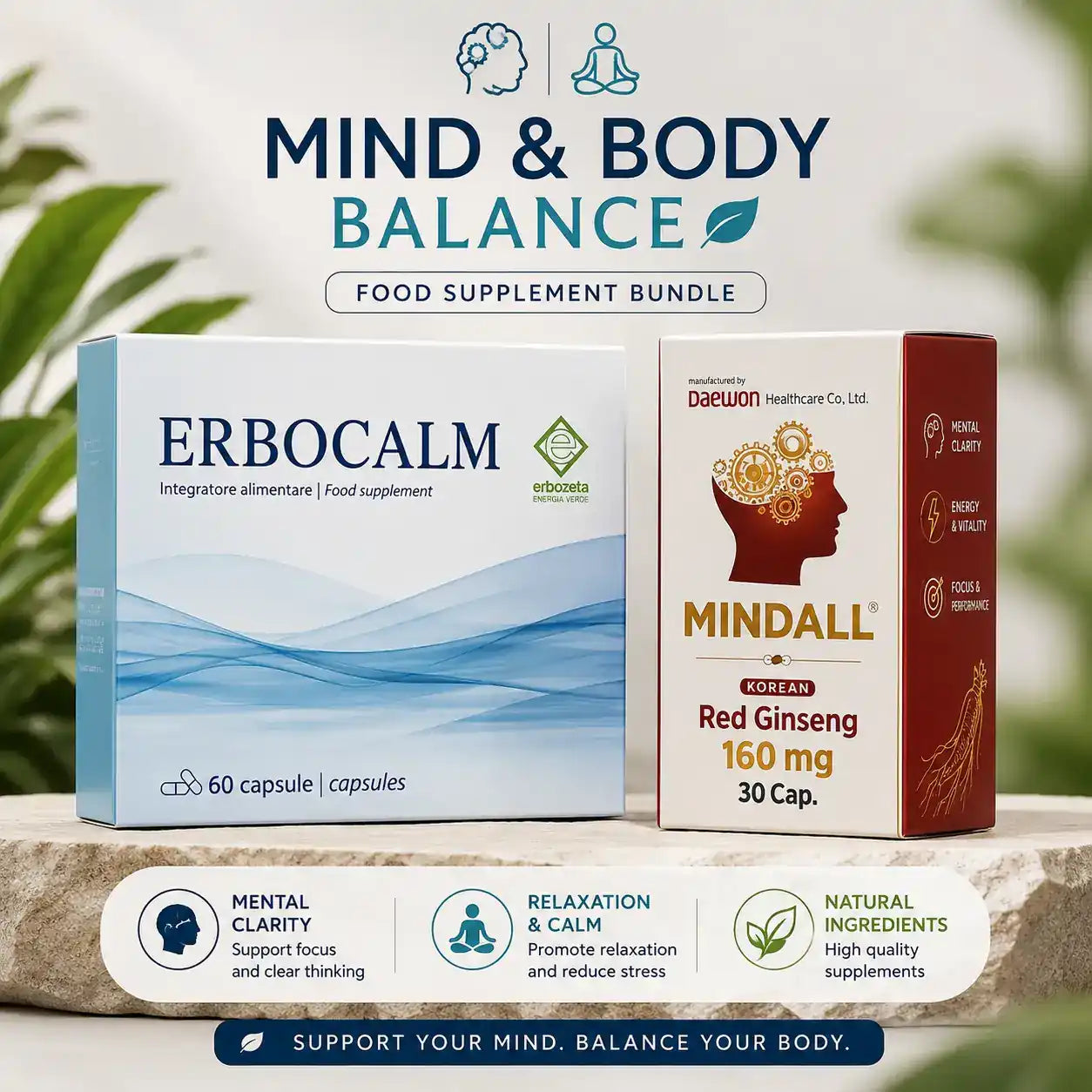 Erbocalm GABA 500 mg and Mindall Korean Red Ginseng supplement bundle for relaxation, focus and daily wellbeing