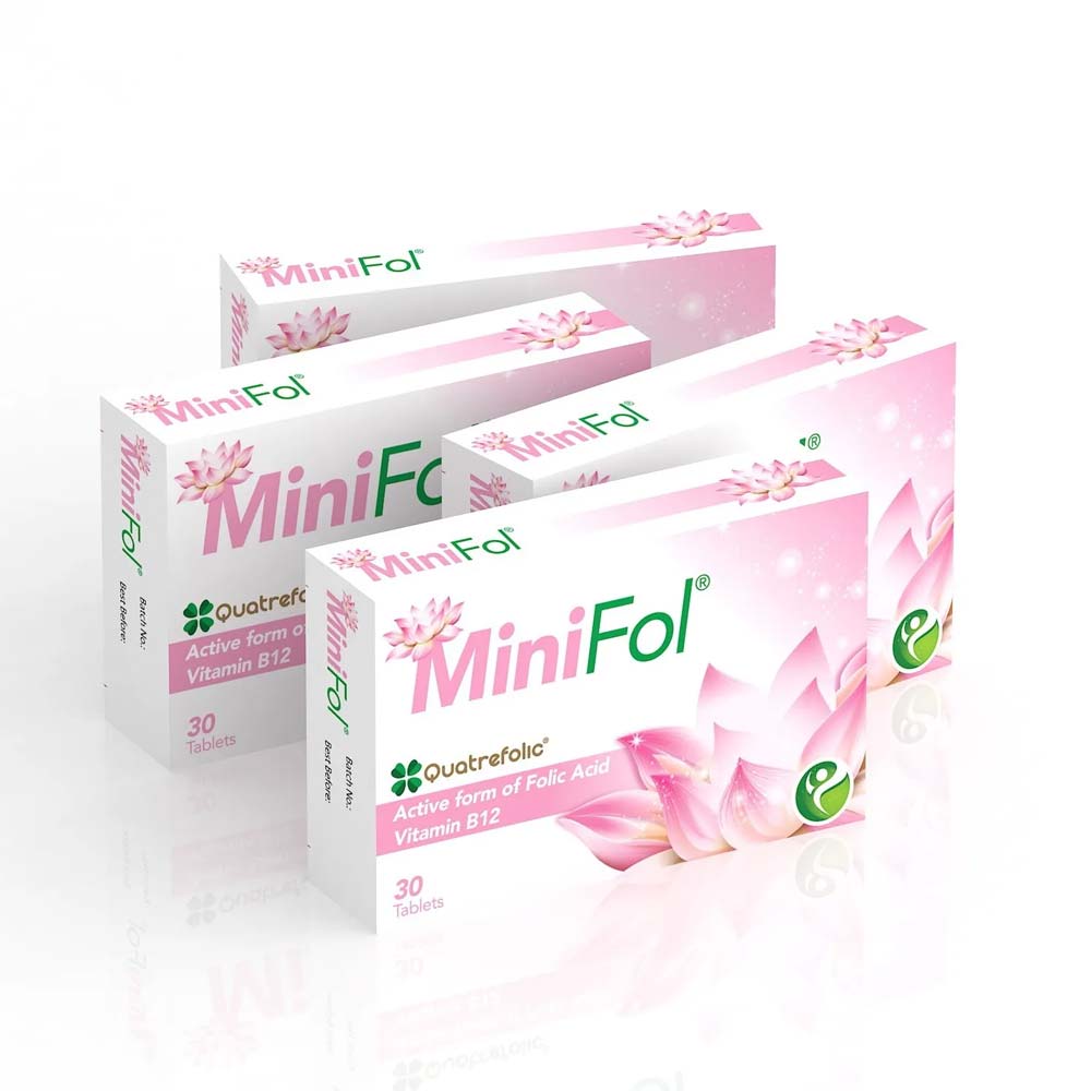 MiniFol 30 tablets with folate and Vitamin B12 for energy, brain, and nerve development.