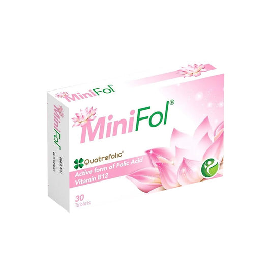 MiniFol tablets with Quatrefolic folate and Vitamin B12 for pregnancy and heart health support.