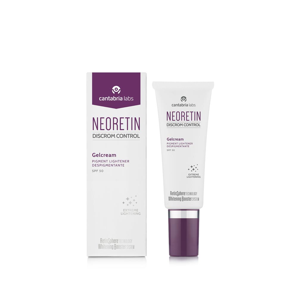 Neoretin Discrom Control Gelcream SPF 50, 40ml, depigmenting day cream with sun protection for even skin tone.