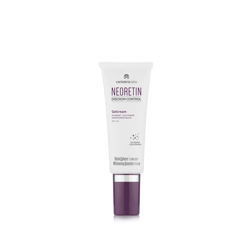 Neoretin Discrom Control Gelcream with SPF 50, targeting dark spots and photoaging for smoother, uniform skin.