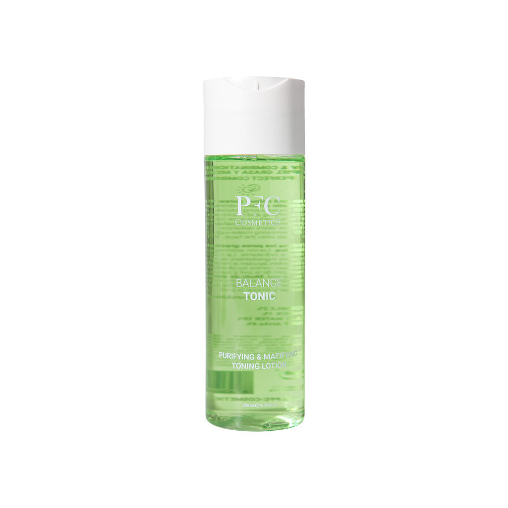 Bottle of PFC Balance Tonic with key benefits for oily, combination, and normal skin types.