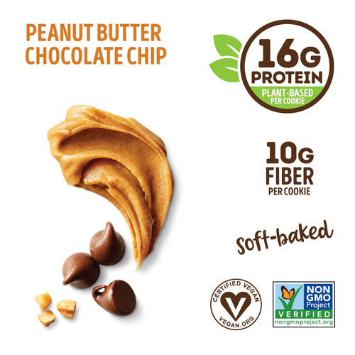 Highlighting 16g of plant-based protein and 10g of fiber per cookie for a nutritious, guilt-free snack