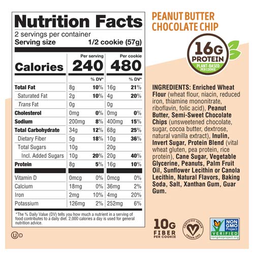 Nutritional facts and ingredient list for The Complete Cookie® Peanut Butter Chocolate Chip.