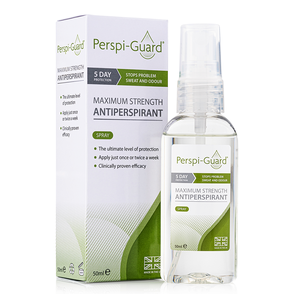 Perspi-Guard Maximum Strength Antiperspirant Spray 50ml in a pump bottle for sweat and odor protection, lasts up to 5 months.