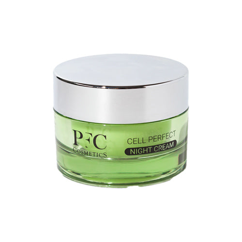 Green jar of PFC Cosmetics Cell Perfect Night Cream on a white background