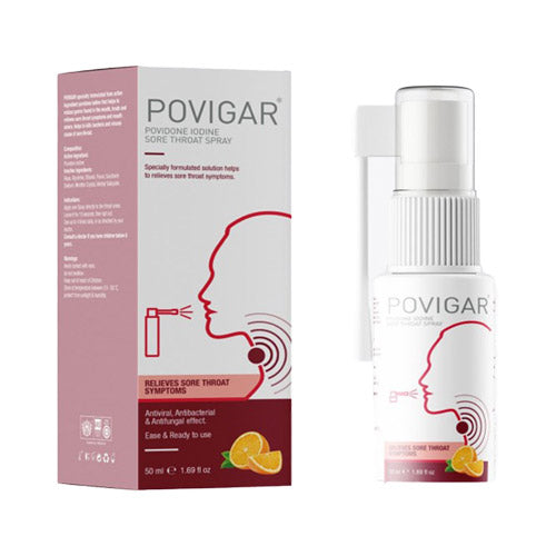 Povigar Povidone Iodine Sore Throat Spray, 50ml bottle, antiviral and antibacterial formula for sore throat relief.