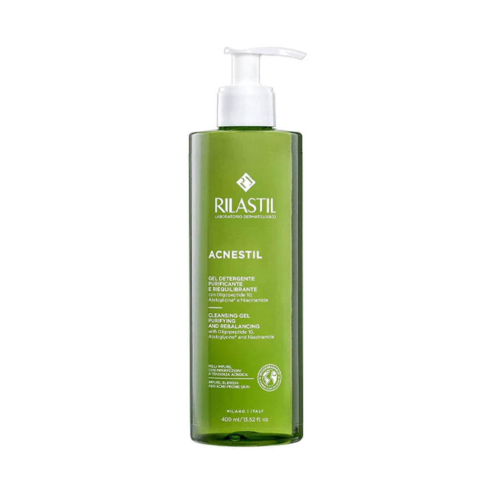 Rilastil acnestil cleansing gel purifying and rebalancing 400 ml pump bottle.