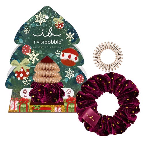 Invisibobble® Gift Set with red and nude SPRUNCHIE, three ORIGINAL hair rings, and festive holiday packaging.