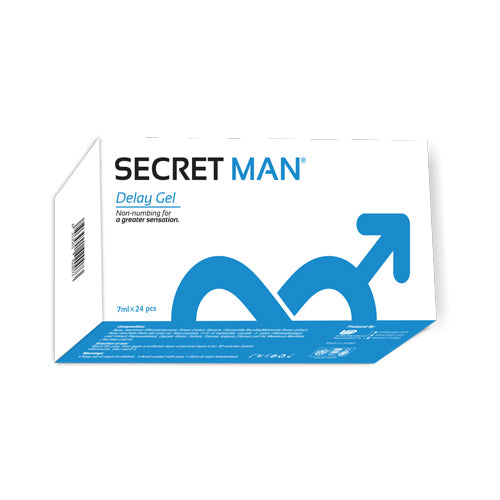 Secret Man Delay Gel Applicator, 24x7ml, non-numbing formula with botanical extracts for extended performance and sensation.