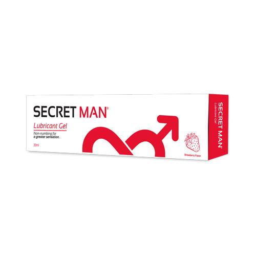 Secret Man Strawberry Lubricant Gel, 30ml, non-numbing formula with sweet strawberry flavor for enhanced intimacy and sensation.