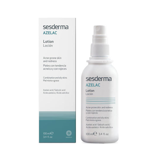 Sesderma Azelac Lotion 100ml spray bottle for acne-prone, oily skin with rosacea, featuring azelaic and salicylic acids.