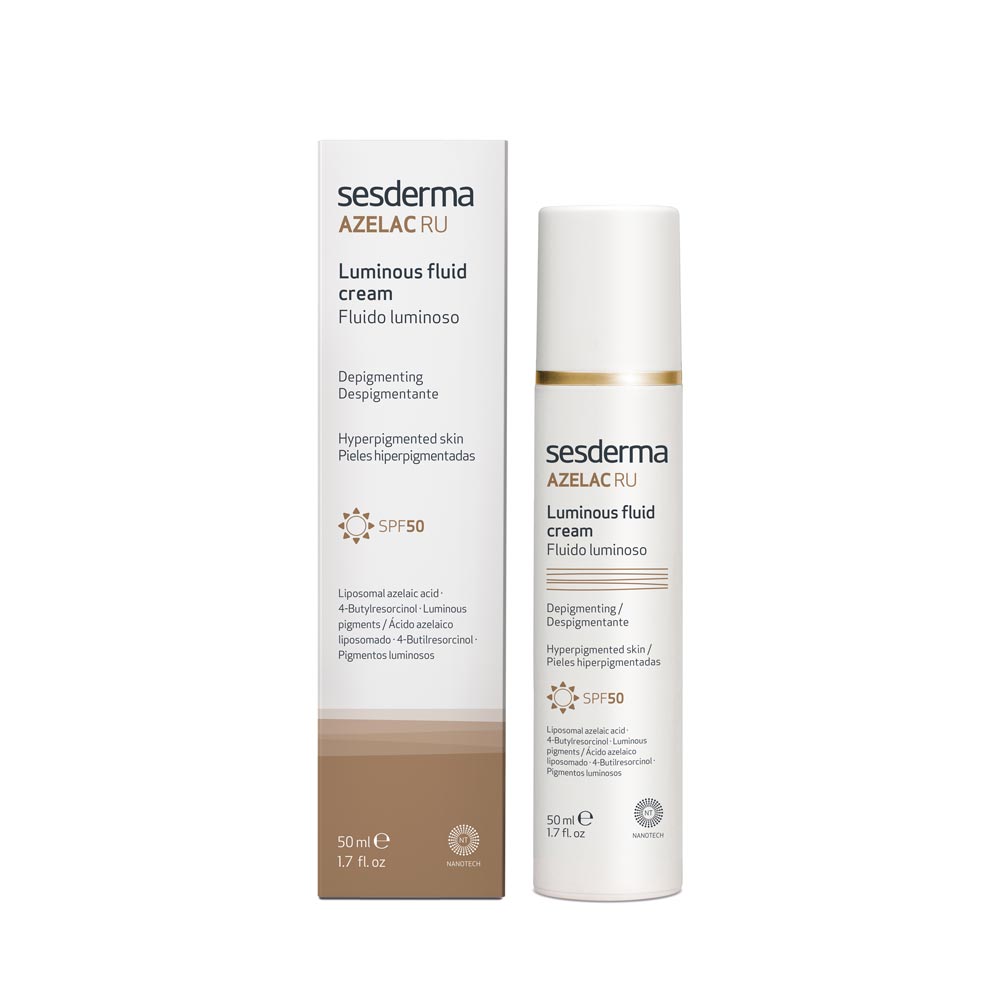 Sesderma Azelac RU Luminous Fluid SPF 50 in a 50 ml bottle, offering skin protection and blemish reduction.