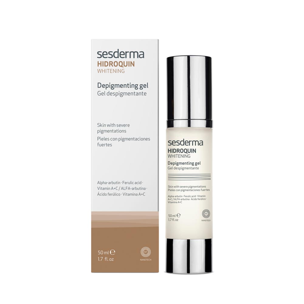 Sesderma Hidroquin Whitening Gel 50 ml for even skin tone, reducing age spots, sun spots, and acne scars. Suitable for all skin types.