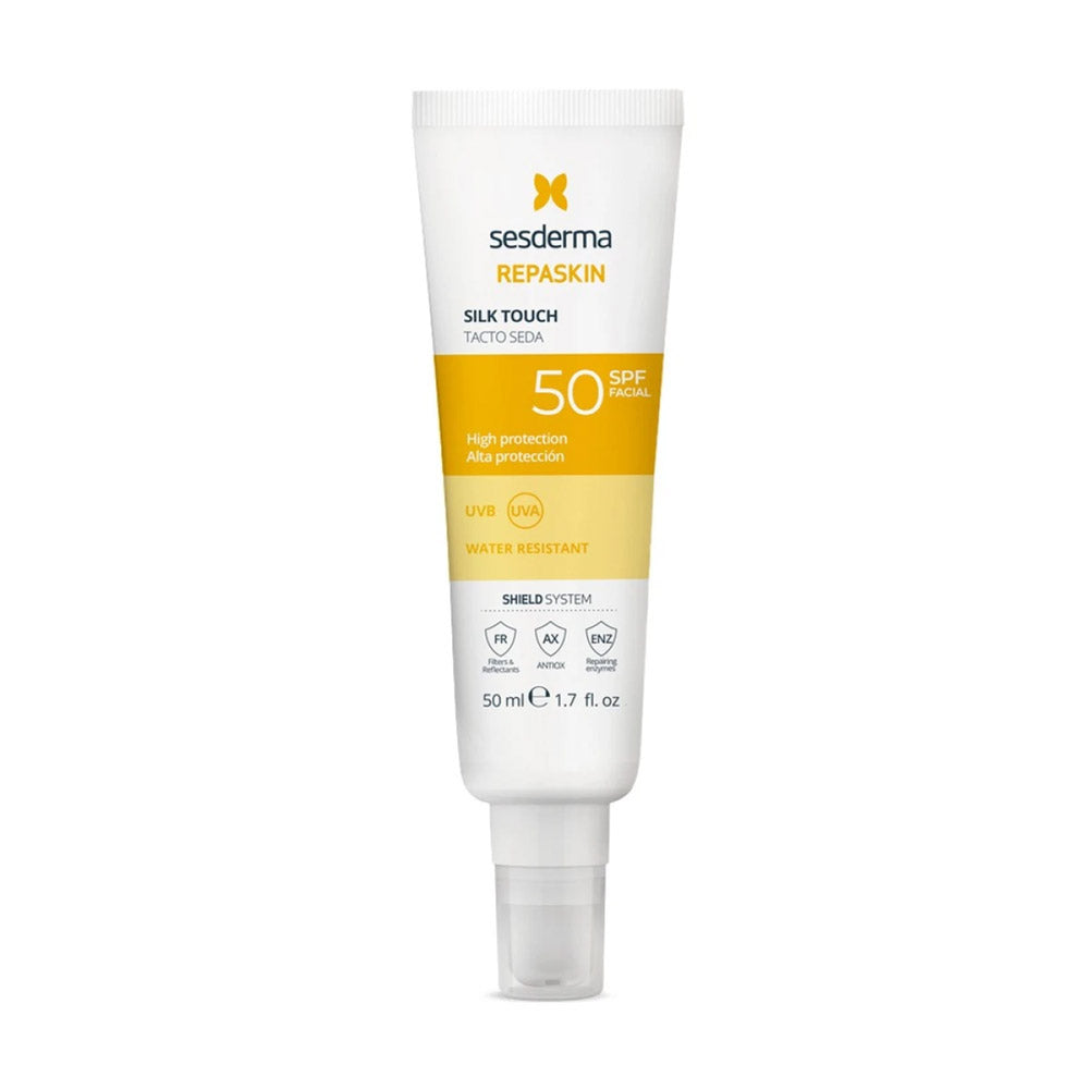 Sesderma REPASKIN Silk Touch SPF 50 sunscreen with velvety texture, high UV protection, and water-resistant formula.