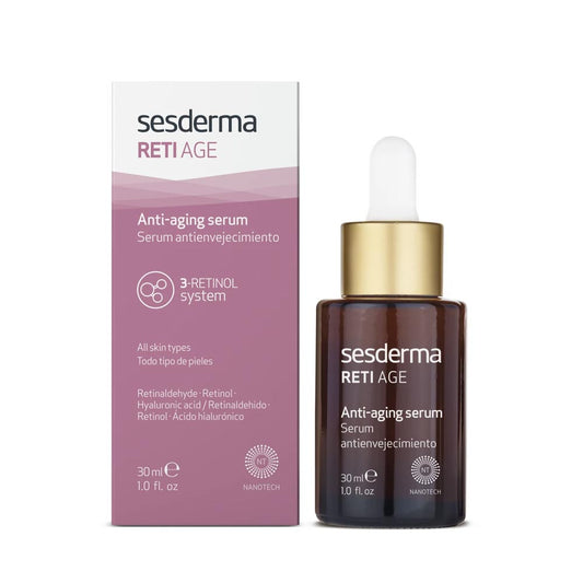 Sesderma RETI AGE Anti-Aging Serum with triple retinol system, hyaluronic acid, and antioxidants for youthful, hydrated skin.