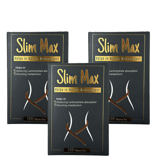 Three Slim Max packaging on a white background for weight management 