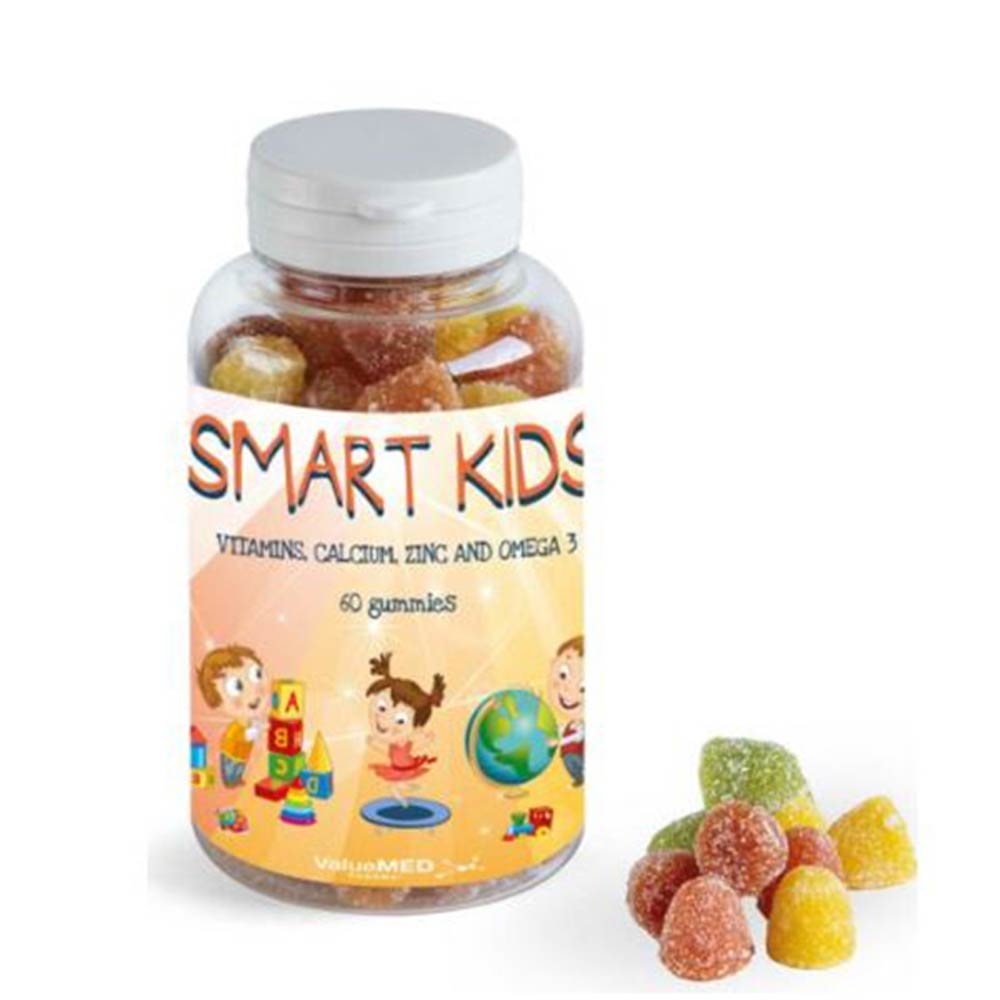 Bottle of Smart Kids Gummies with 60 gummies, enriched with Omega-3, vitamins, and zinc for children's growth and immunity