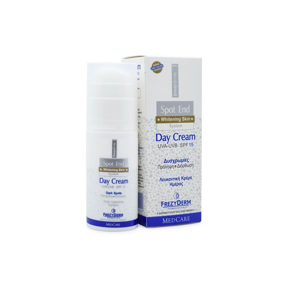 Frezyderm Spot End Day Cream SPF 15 – targets hyperpigmentation, offers UVA-UVB protection, and evens out skin tone.