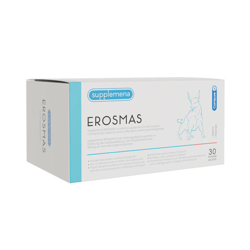 Erosmas Male Fertility & Energy Supplement – 30 sachets box featuring Swiss L-Carnitine, Pine Bark Extract, and essential vitamins.