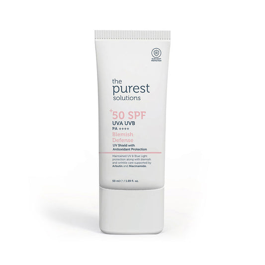 Purest Solutions Blemish Defense Antioxidant Sunscreen 50+ SPF for sun protection, dark spot reduction, and even skin tone.